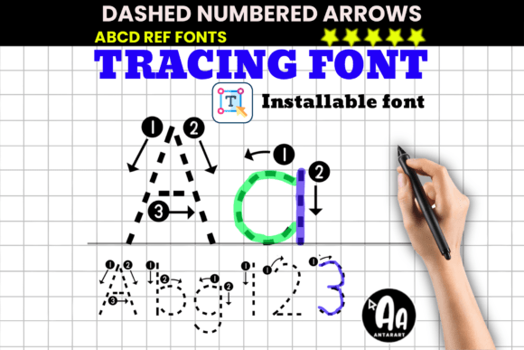Abcd Ref Dashed Arrows Numbers and Letter Tracing Font for Classroom Use